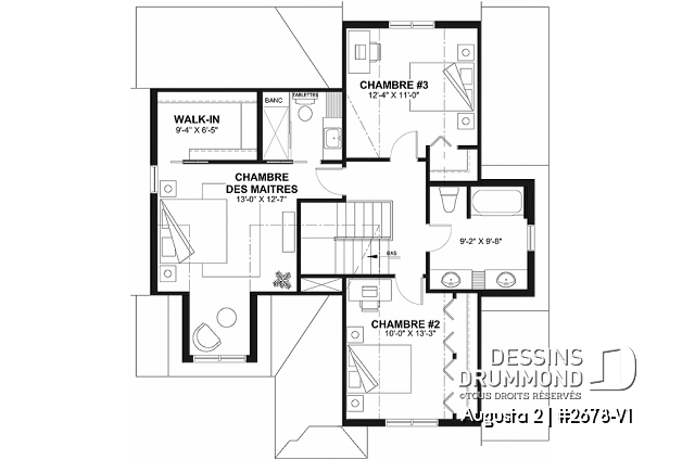 Étage - Plan de maison champêtre 3 chambres, suite des parents avec salle de bain privé, garage - Augusta 2