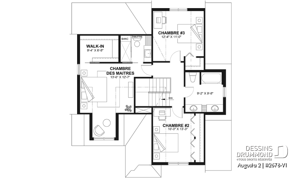 Étage - Modèle de maison champêtre traditionnel, suite des parents, 3 à 4 chambres, garage profond, sous-sol optionnel - Augusta 2