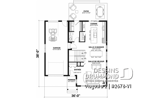 Rez-de-chaussée - Plan de maison champêtre 3 chambres, suite des parents avec salle de bain privé, garage - Augusta 2