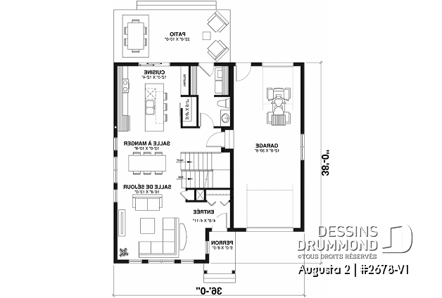 Rez-de-chaussée - Plan de maison champêtre 3 chambres, suite des parents avec salle de bain privé, garage - Augusta 2