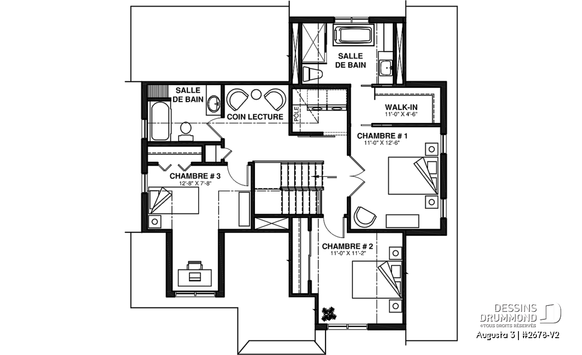 Étage - Plan de maison à étage 3 chambres, garage, grande cuisine, garde-manger, vestiaire - Augusta 3