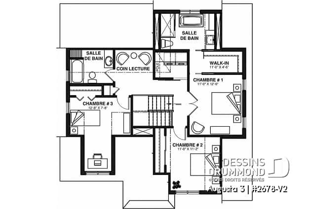 Étage - Plan de maison à étage 3 chambres, garage, grande cuisine, garde-manger, vestiaire - Augusta 3