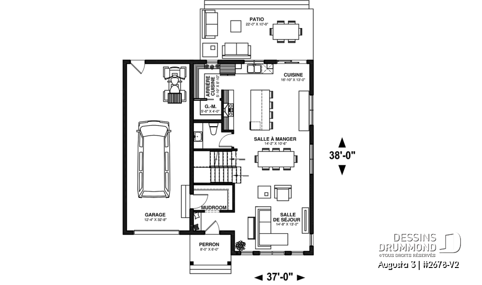 Rez-de-chaussée - Plan de maison à étage 3 chambres, garage, grande cuisine, garde-manger, vestiaire - Augusta 3