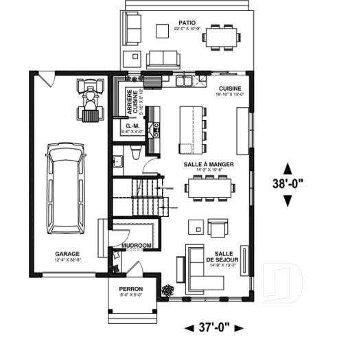 Rez-de-chaussée - Plan de maison à étage 3 chambres, garage, grande cuisine, garde-manger, vestiaire - Augusta 3