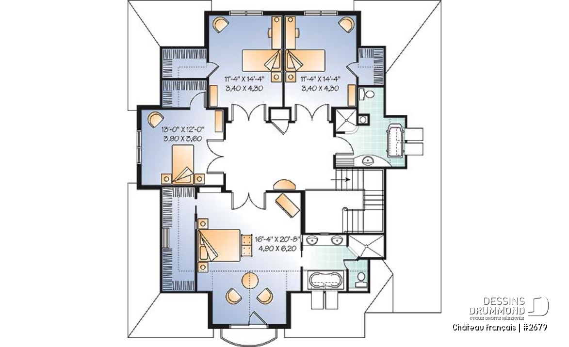 Étage - Plan de Maison 4 chambres, style moderne rustique, garage double, bureau, grande cuisine avec coin déjeuner - Château français