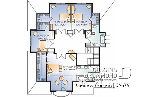Étage - Plan de Maison 4 chambres, style moderne rustique, garage double, bureau, grande cuisine avec coin déjeuner - Château français