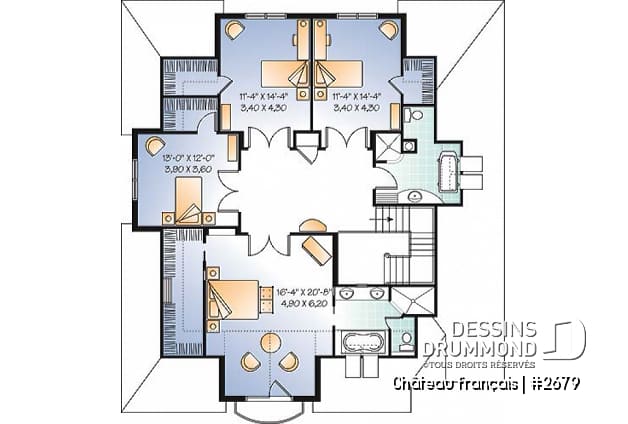 Étage - Plan de Maison 4 chambres, style moderne rustique, garage double, bureau, grande cuisine avec coin déjeuner - Château français