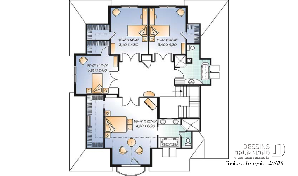 Étage - Plan de Maison 4 chambres, style moderne rustique, garage double, bureau, grande cuisine avec coin déjeuner - Château français
