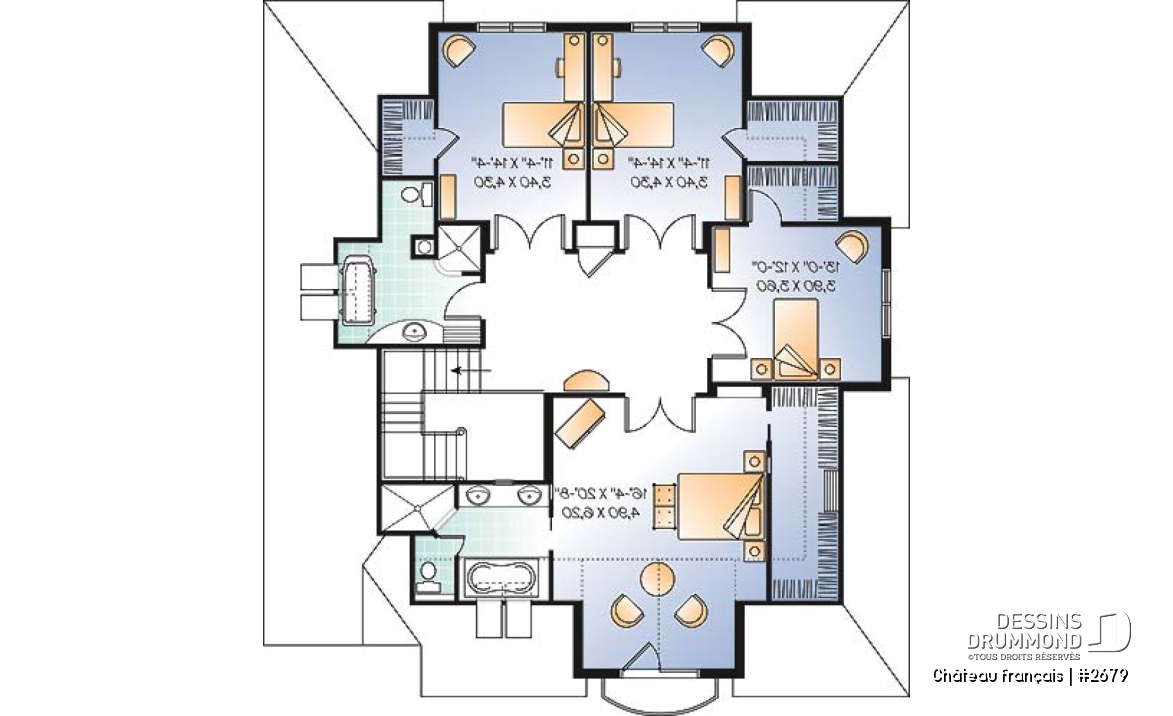 Étage - Plan de Maison 4 chambres, style moderne rustique, garage double, bureau, grande cuisine avec coin déjeuner - Château français