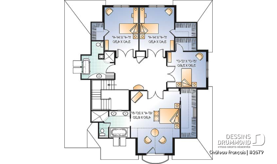 Étage - Plan de Maison 4 chambres, style moderne rustique, garage double, bureau, grande cuisine avec coin déjeuner - Château français