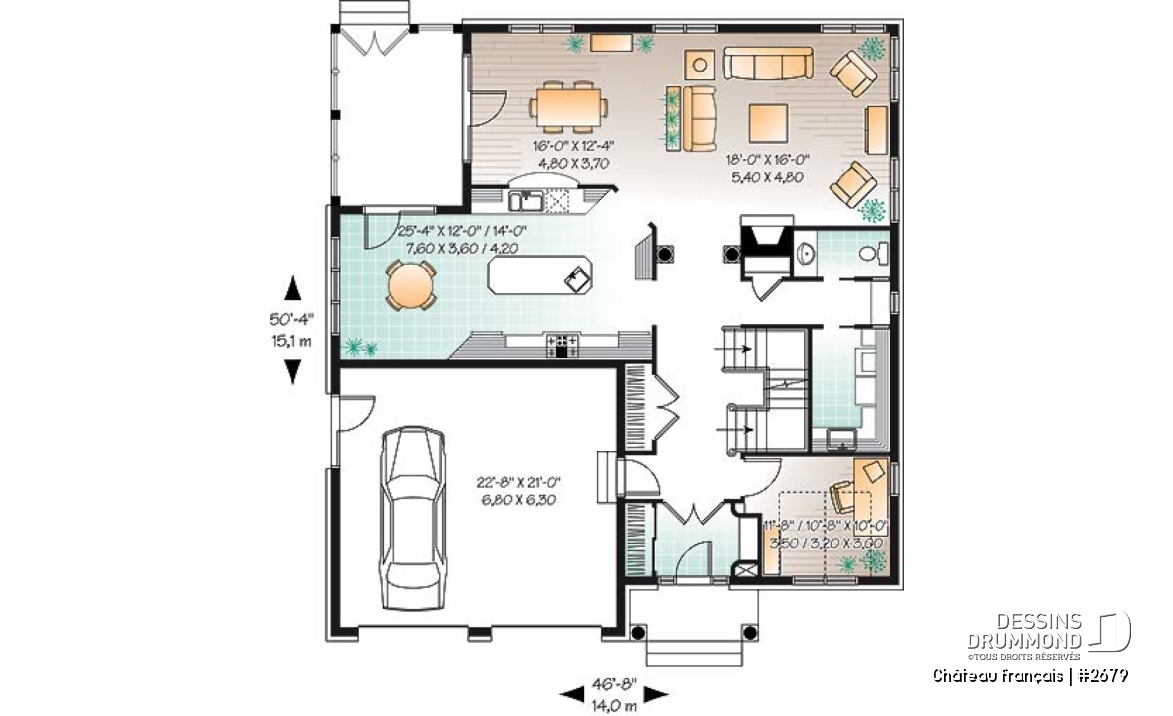 Rez-de-chaussée - Plan de Maison 4 chambres, style moderne rustique, garage double, bureau, grande cuisine avec coin déjeuner - Château français