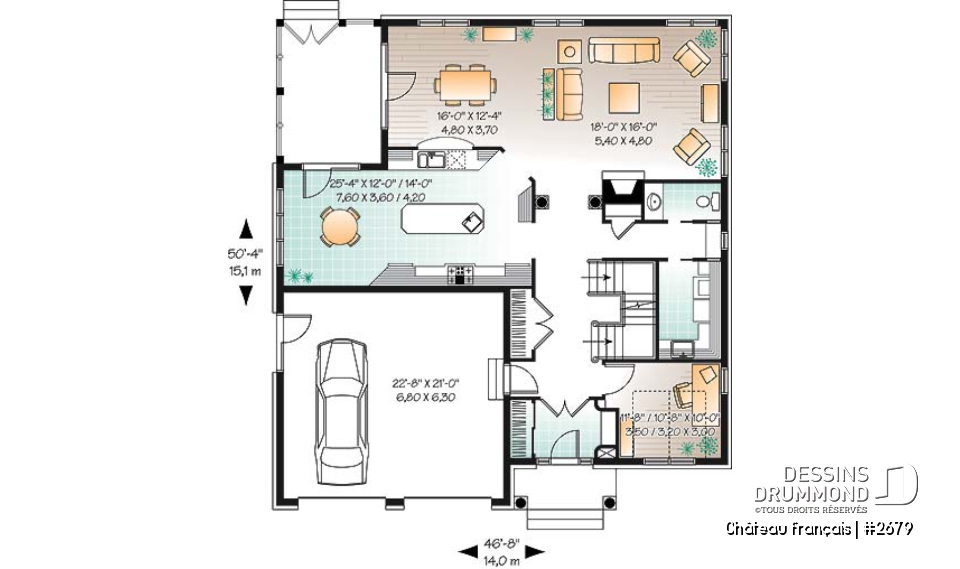 Rez-de-chaussée - Plan de Maison 4 chambres, style moderne rustique, garage double, bureau, grande cuisine avec coin déjeuner - Château français
