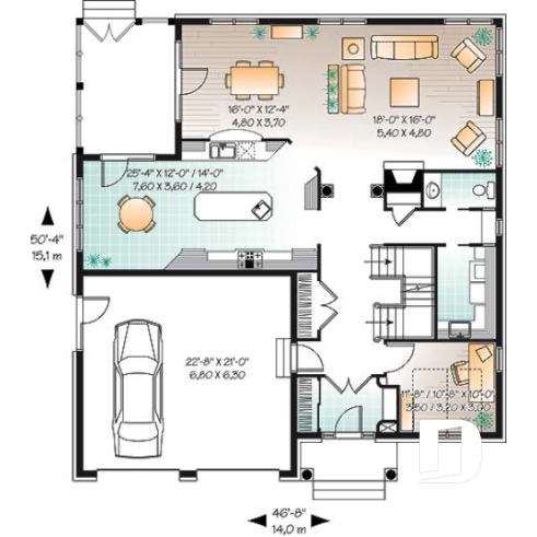 Rez-de-chaussée - Plan de Maison 4 chambres, style moderne rustique, garage double, bureau, grande cuisine avec coin déjeuner - Château français