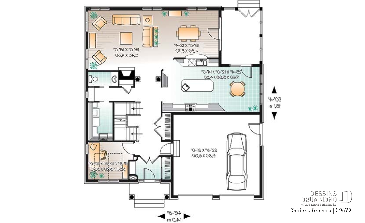 Rez-de-chaussée - Plan de Maison 4 chambres, style moderne rustique, garage double, bureau, grande cuisine avec coin déjeuner - Château français