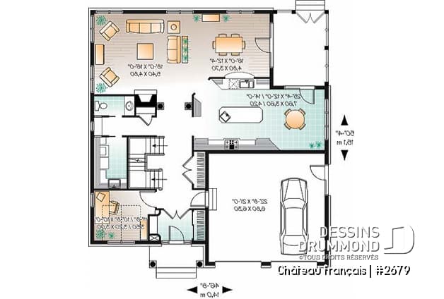 Rez-de-chaussée - Plan de Maison 4 chambres, style moderne rustique, garage double, bureau, grande cuisine avec coin déjeuner - Château français
