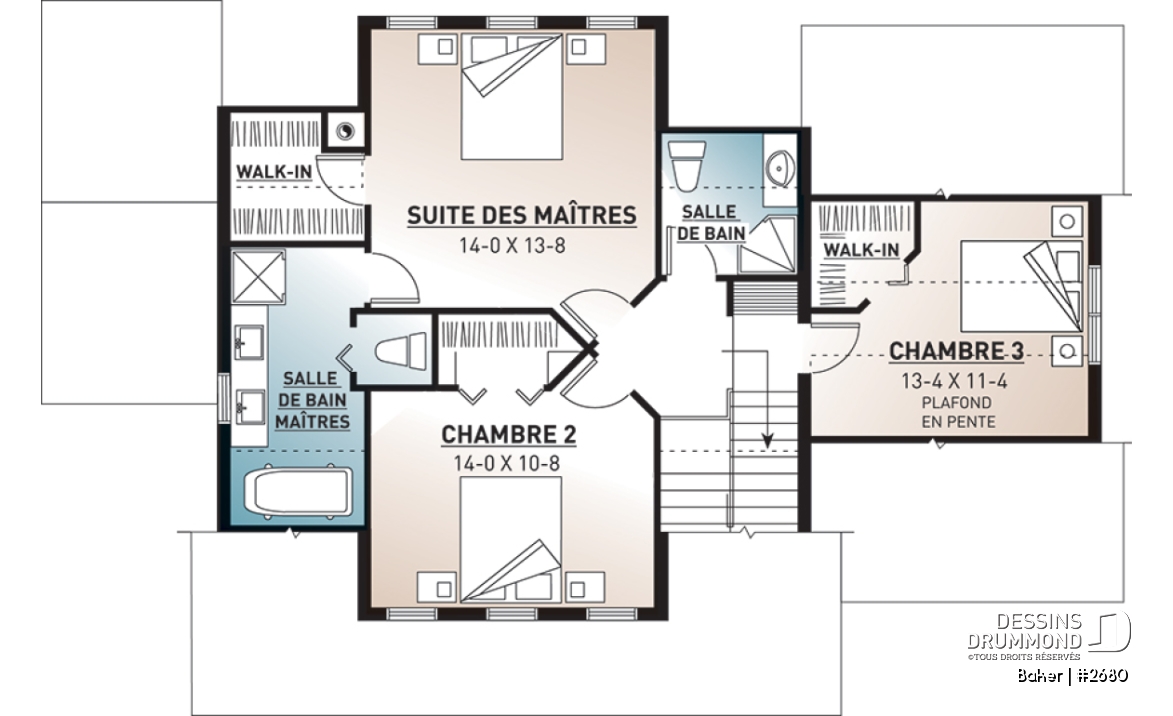 Étage - Plan de maison canadienne 3 chambres, 2.5 salles de bain, foyer deux faces, coin déjeuner, garage - Baker