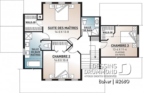 Étage - Plan de maison canadienne 3 chambres, 2.5 salles de bain, foyer deux faces, coin déjeuner, garage - Baker
