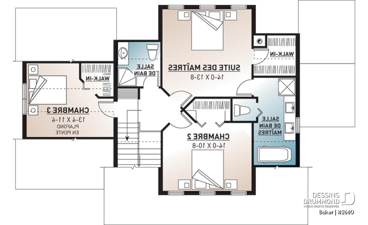 Étage - Plan de maison canadienne 3 chambres, 2.5 salles de bain, foyer deux faces, coin déjeuner, garage - Baker