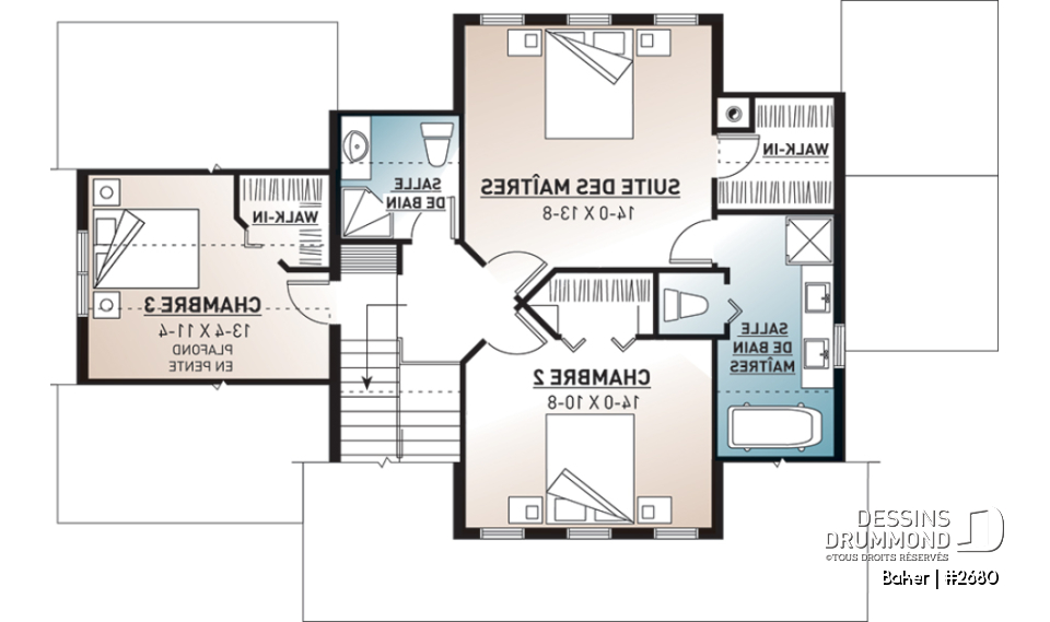 Étage - Plan de maison canadienne 3 chambres, 2.5 salles de bain, foyer deux faces, coin déjeuner, garage - Baker