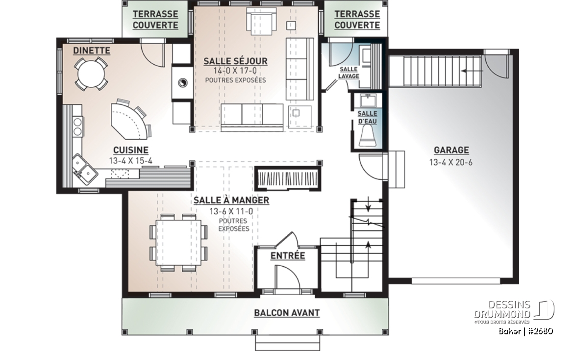 Rez-de-chaussée - Plan de maison canadienne 3 chambres, 2.5 salles de bain, foyer deux faces, coin déjeuner, garage - Baker