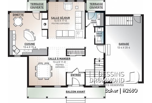 Rez-de-chaussée - Plan de maison canadienne 3 chambres, 2.5 salles de bain, foyer deux faces, coin déjeuner, garage - Baker