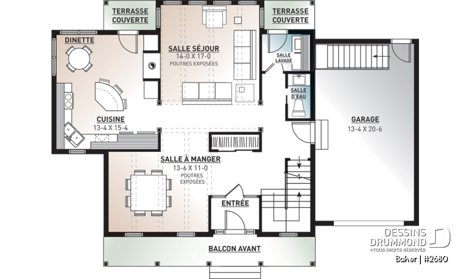 Rez-de-chaussée - Plan de maison canadienne 3 chambres, 2.5 salles de bain, foyer deux faces, coin déjeuner, garage - Baker