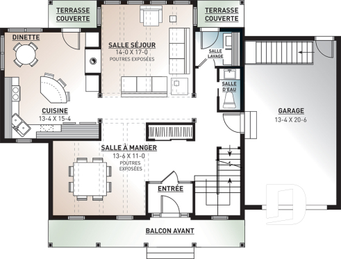 Rez-de-chaussée - Plan de maison canadienne 3 chambres, 2.5 salles de bain, foyer deux faces, coin déjeuner, garage - Baker