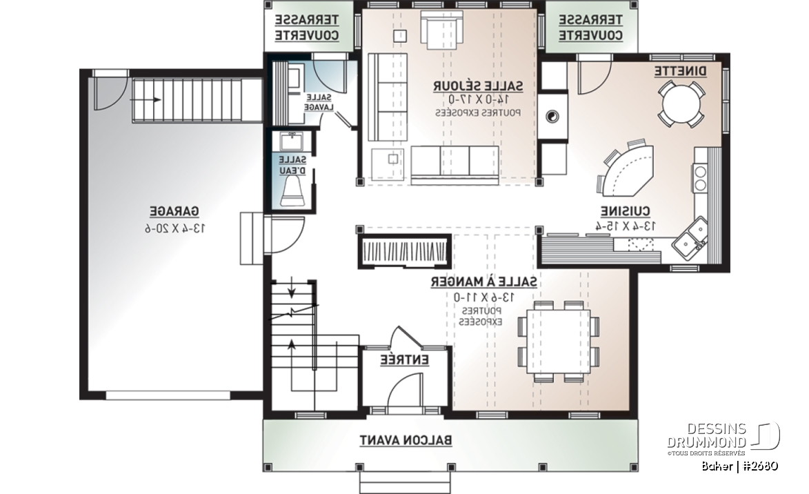 Rez-de-chaussée - Plan de maison canadienne 3 chambres, 2.5 salles de bain, foyer deux faces, coin déjeuner, garage - Baker