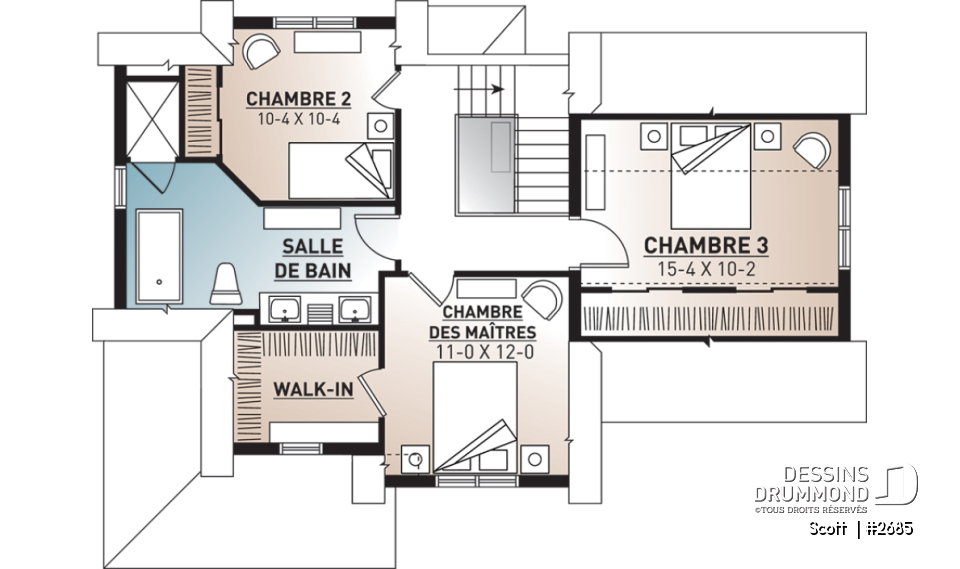 Étage - Plan de maison Tudor 3 chambres, garage, espace remarquablement ouvert, buanderie, îlot - Scott 
