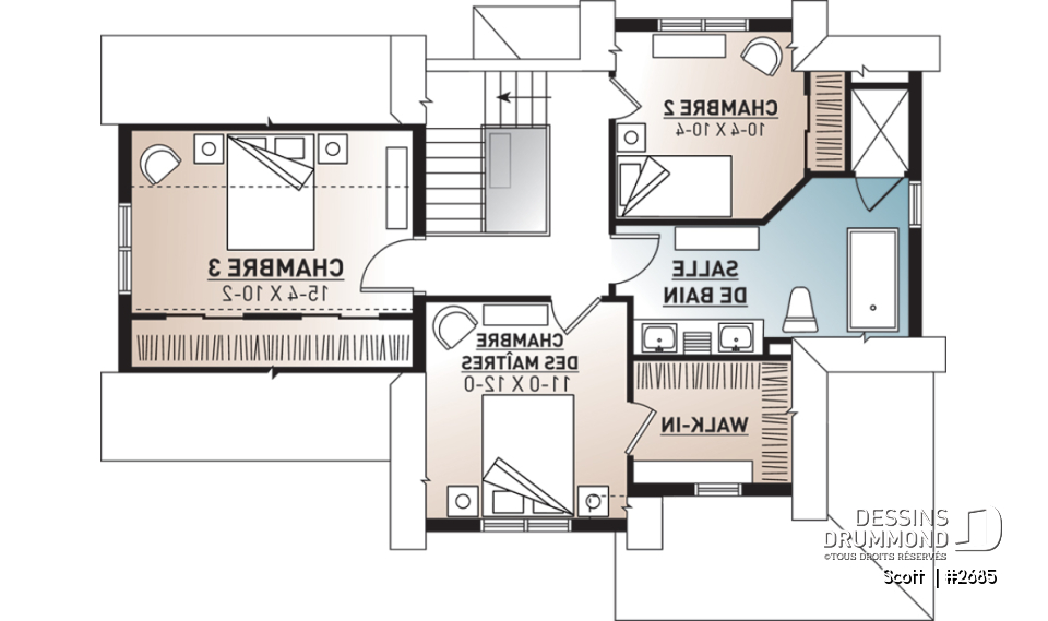 Étage - Plan de maison Tudor 3 chambres, garage, espace remarquablement ouvert, buanderie, îlot - Scott 