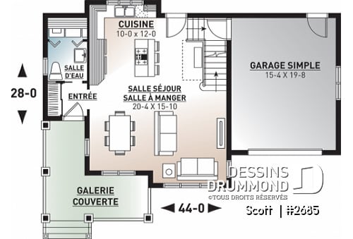 Rez-de-chaussée - Plan de maison Tudor 3 chambres, garage, espace remarquablement ouvert, buanderie, îlot - Scott 