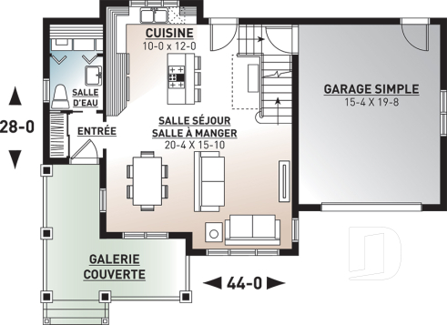Rez-de-chaussée - Plan de maison Tudor 3 chambres, garage, espace remarquablement ouvert, buanderie, îlot - Scott 