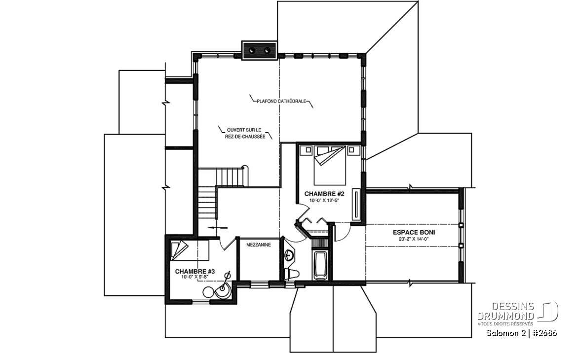 Étage - Plan de maison Craftsman, 3 à 4 chambres, garage double, mezzanine + cathédral, bureau, grand espace boni - Salomon 2