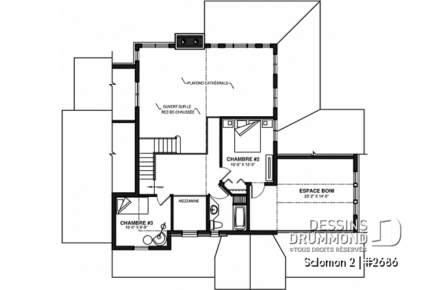 Étage - Plan de maison Craftsman, 3 à 4 chambres, garage double, mezzanine + cathédral, bureau, grand espace boni - Salomon 2