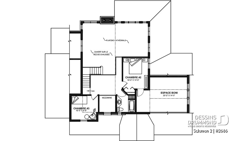 Étage - Plan de maison Craftsman, 3 à 4 chambres, garage double, mezzanine + cathédral, bureau, grand espace boni - Salomon 2