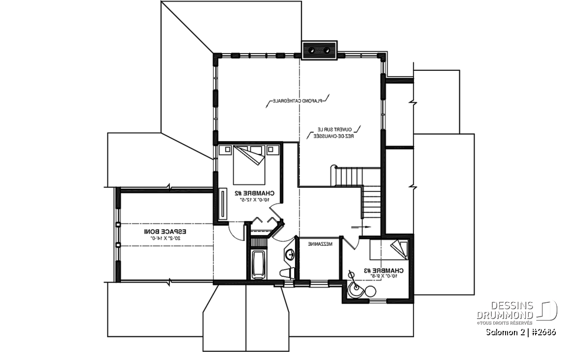 Étage - Plan de maison Craftsman, 3 à 4 chambres, garage double, mezzanine + cathédral, bureau, grand espace boni - Salomon 2