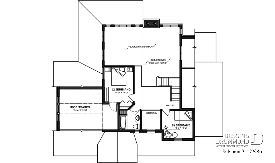 Étage - Plan de maison Craftsman, 3 à 4 chambres, garage double, mezzanine + cathédral, bureau, grand espace boni - Salomon 2