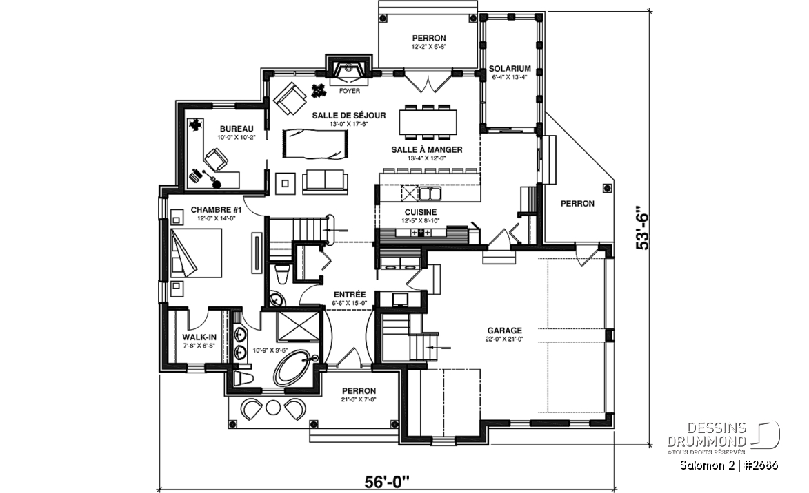 Rez-de-chaussée - Plan de maison Craftsman, 3 à 4 chambres, garage double, mezzanine + cathédral, bureau, grand espace boni - Salomon 2