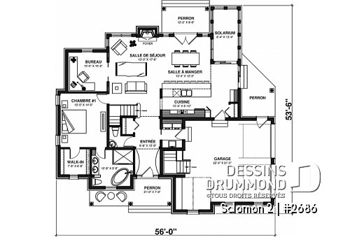 Rez-de-chaussée - Plan de maison Craftsman, 3 à 4 chambres, garage double, mezzanine + cathédral, bureau, grand espace boni - Salomon 2