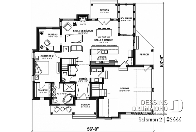 Rez-de-chaussée - Plan de maison Craftsman, 3 à 4 chambres, garage double, mezzanine + cathédral, bureau, grand espace boni - Salomon 2
