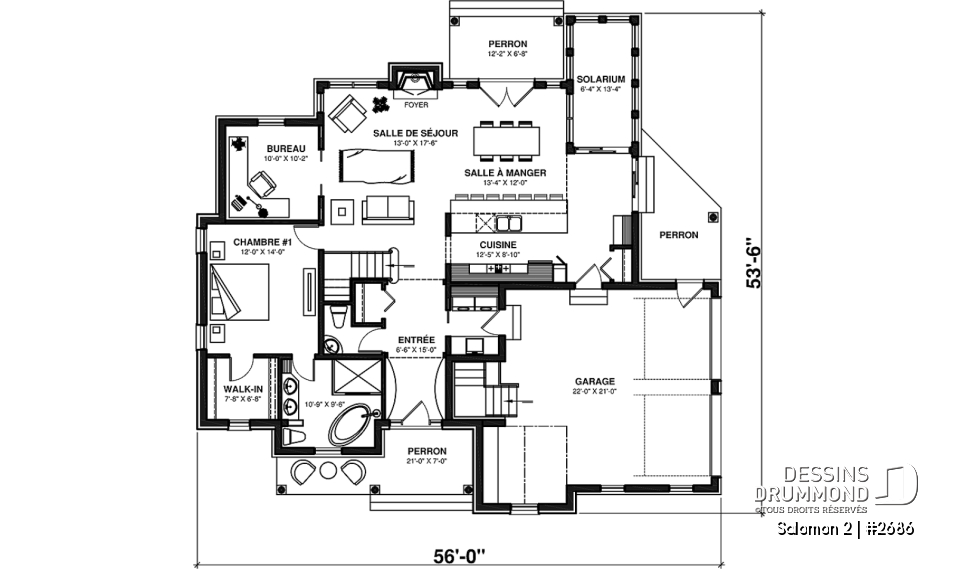 Rez-de-chaussée - Plan de maison Craftsman, 3 à 4 chambres, garage double, mezzanine + cathédral, bureau, grand espace boni - Salomon 2