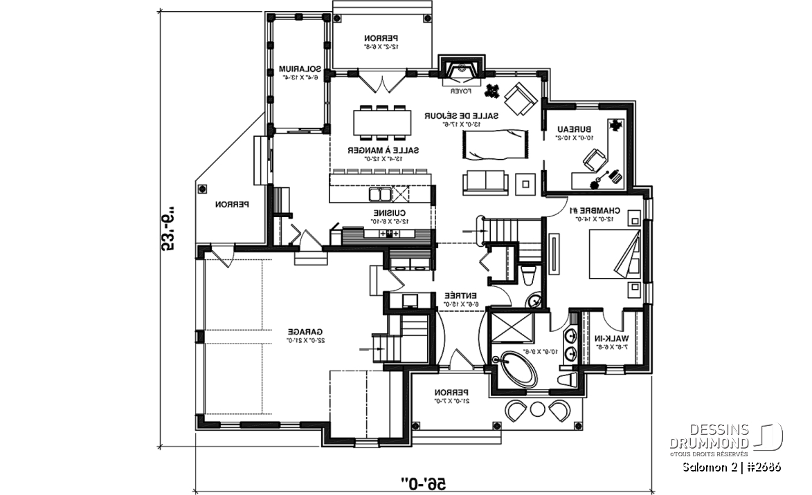 Rez-de-chaussée - Plan de maison Craftsman, 3 à 4 chambres, garage double, mezzanine + cathédral, bureau, grand espace boni - Salomon 2