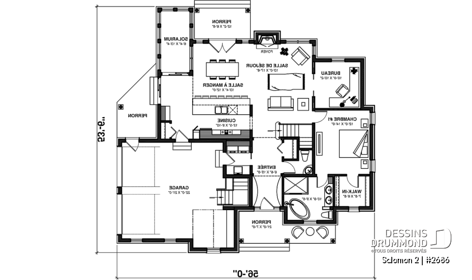 Rez-de-chaussée - Plan de maison Craftsman, 3 à 4 chambres, garage double, mezzanine + cathédral, bureau, grand espace boni - Salomon 2