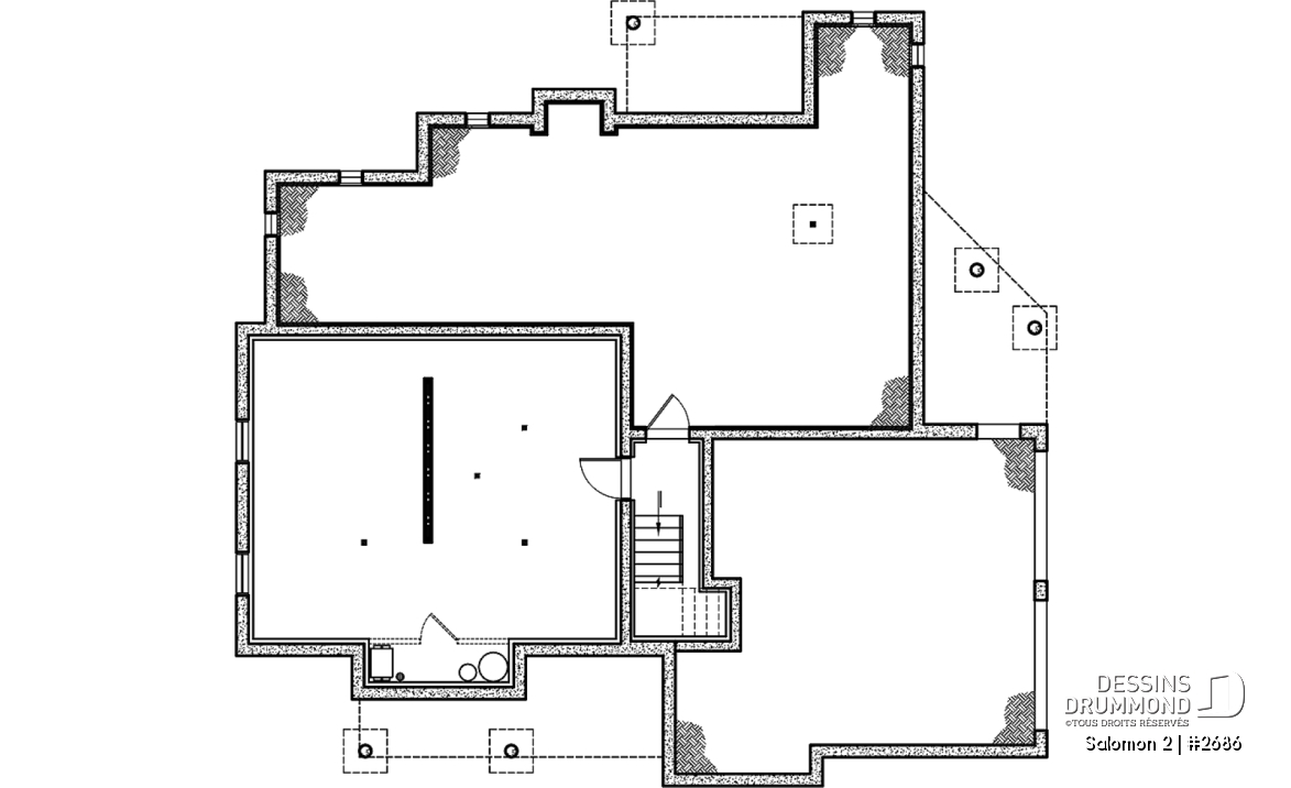 Sous-sol - Plan de maison Craftsman, 3 à 4 chambres, garage double, mezzanine + cathédral, bureau, grand espace boni - Salomon 2
