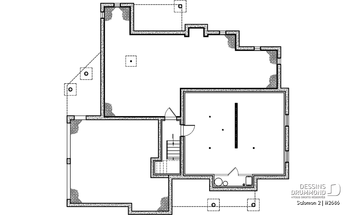 Sous-sol - Plan de maison Craftsman, 3 à 4 chambres, garage double, mezzanine + cathédral, bureau, grand espace boni - Salomon 2