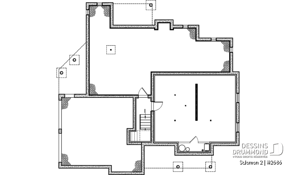 Sous-sol - Plan de maison Craftsman, 3 à 4 chambres, garage double, mezzanine + cathédral, bureau, grand espace boni - Salomon 2