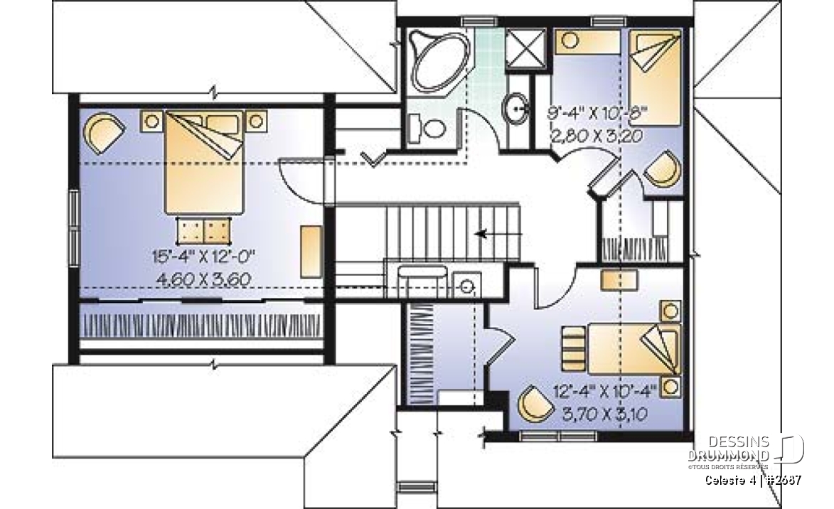 Étage - Plan de maison de champêtre, 3 grandes chambres, garage, salle à manger tout en lumière, maison abordable - Celeste 4