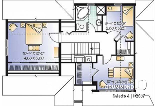 Étage - Plan de maison de champêtre, 3 grandes chambres, garage, salle à manger tout en lumière, maison abordable - Celeste 4