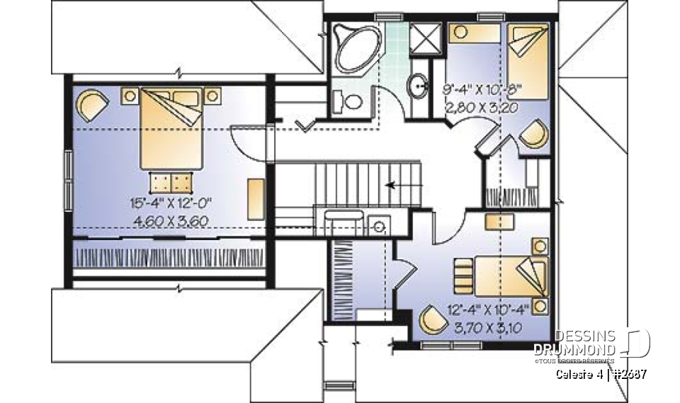 Étage - Plan de maison de champêtre, 3 grandes chambres, garage, salle à manger tout en lumière, maison abordable - Celeste 4