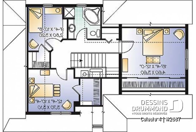Étage - Plan de maison de champêtre, 3 grandes chambres, garage, salle à manger tout en lumière, maison abordable - Celeste 4